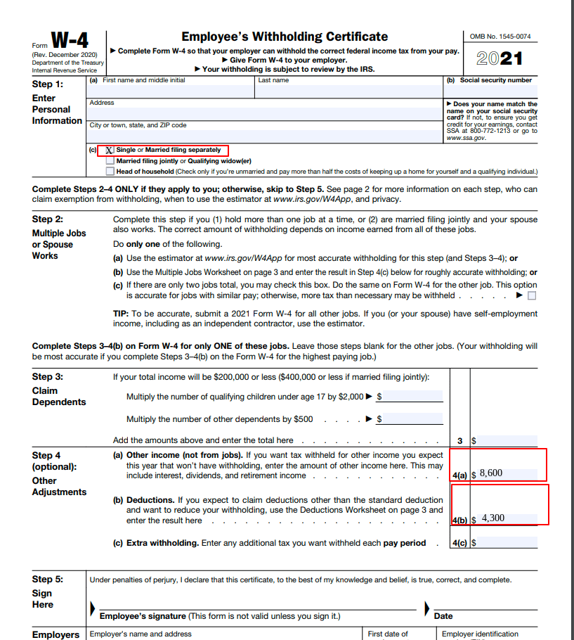 新的IRS W-4表格与计算桥梁实例