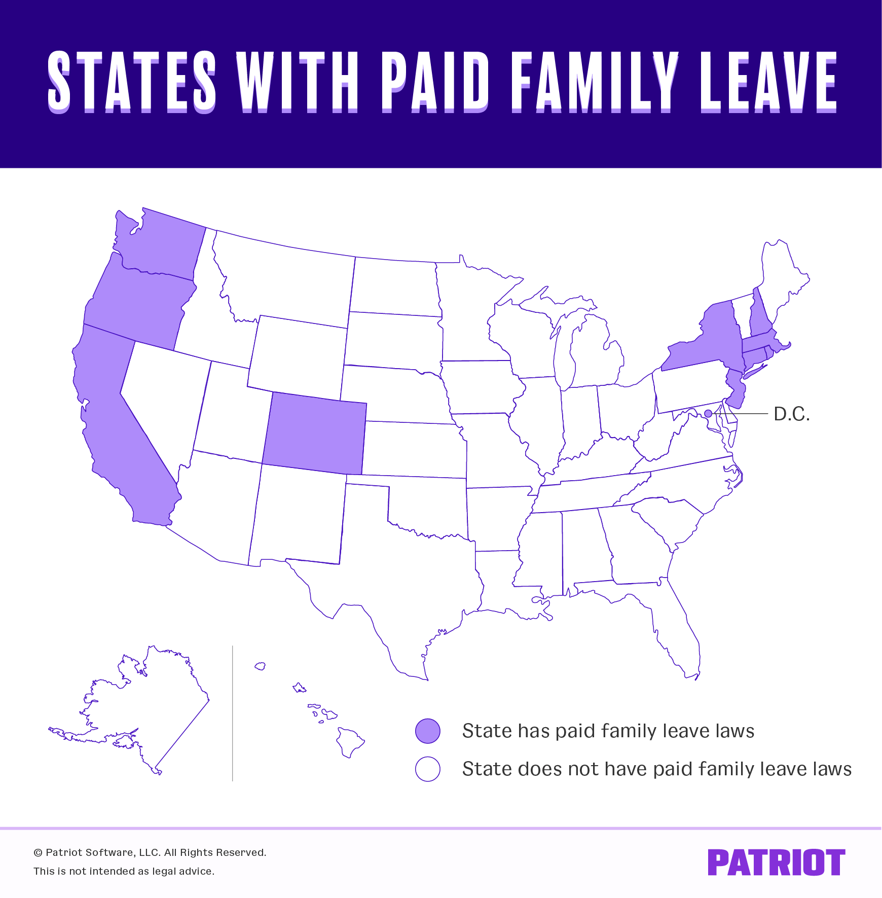 美国地图显示有带薪探亲假的州